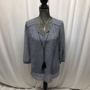 St Johns Bay Sheer Blouse Womens Sz Medium Geometric Blue White Tassel Tie Boho